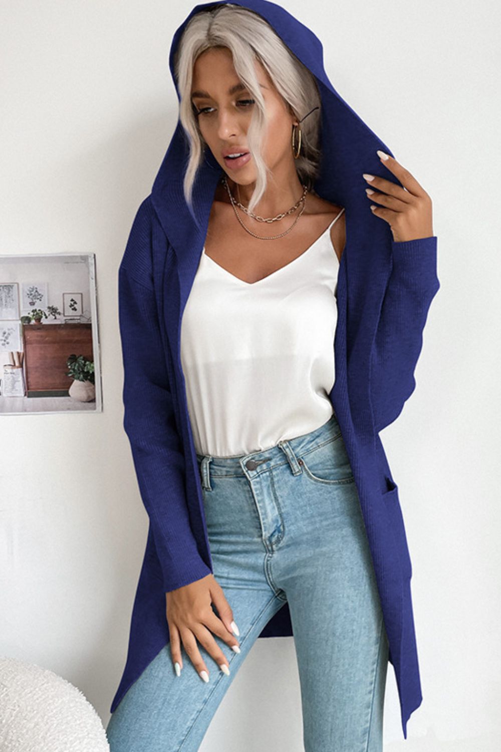 Ribbed Open Front Hooded Cardigan with Pockets