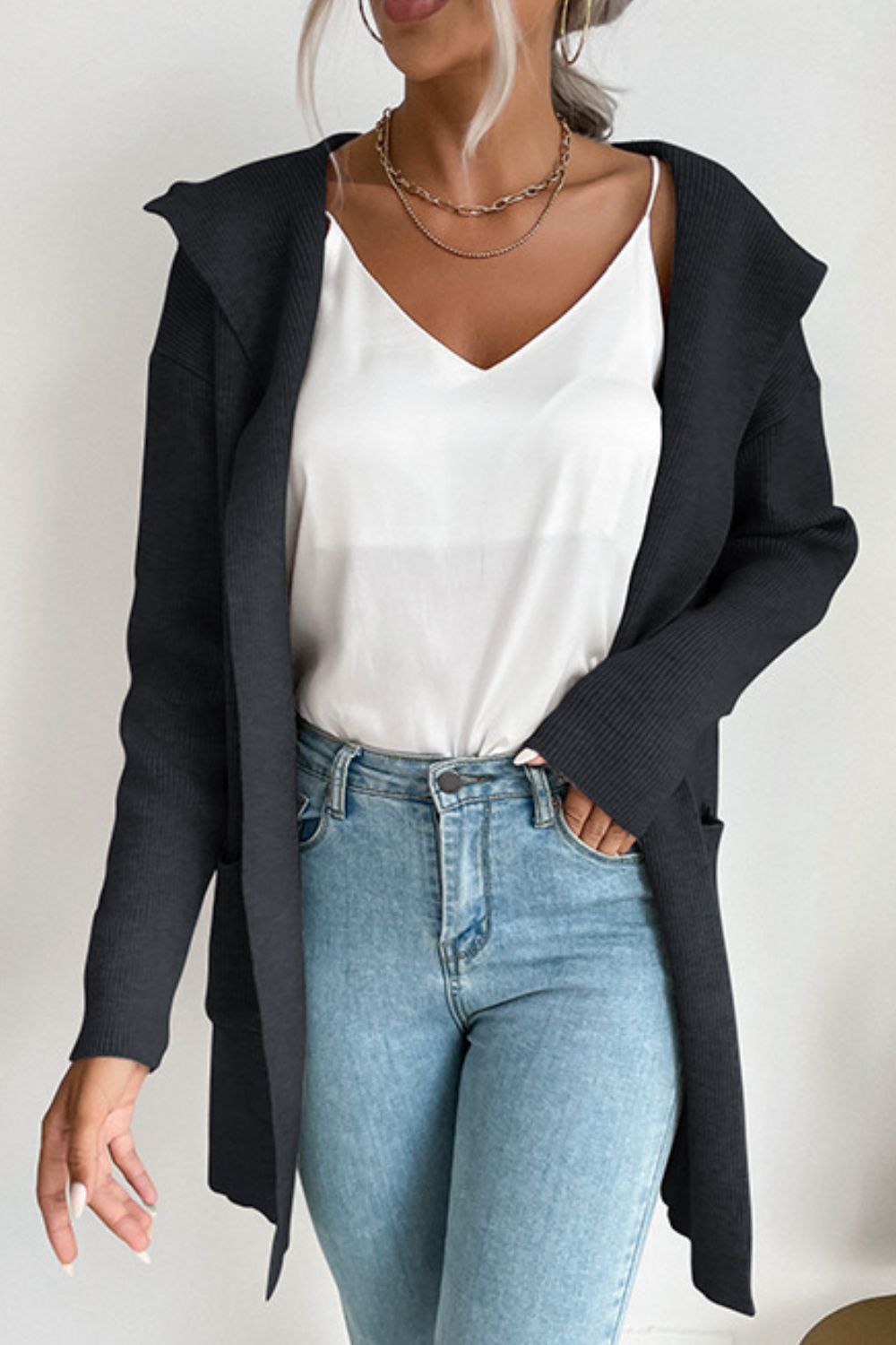 Ribbed Open Front Hooded Cardigan with Pockets