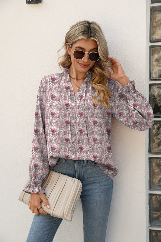 Printed Tie Neck Flounce Sleeve Blouse