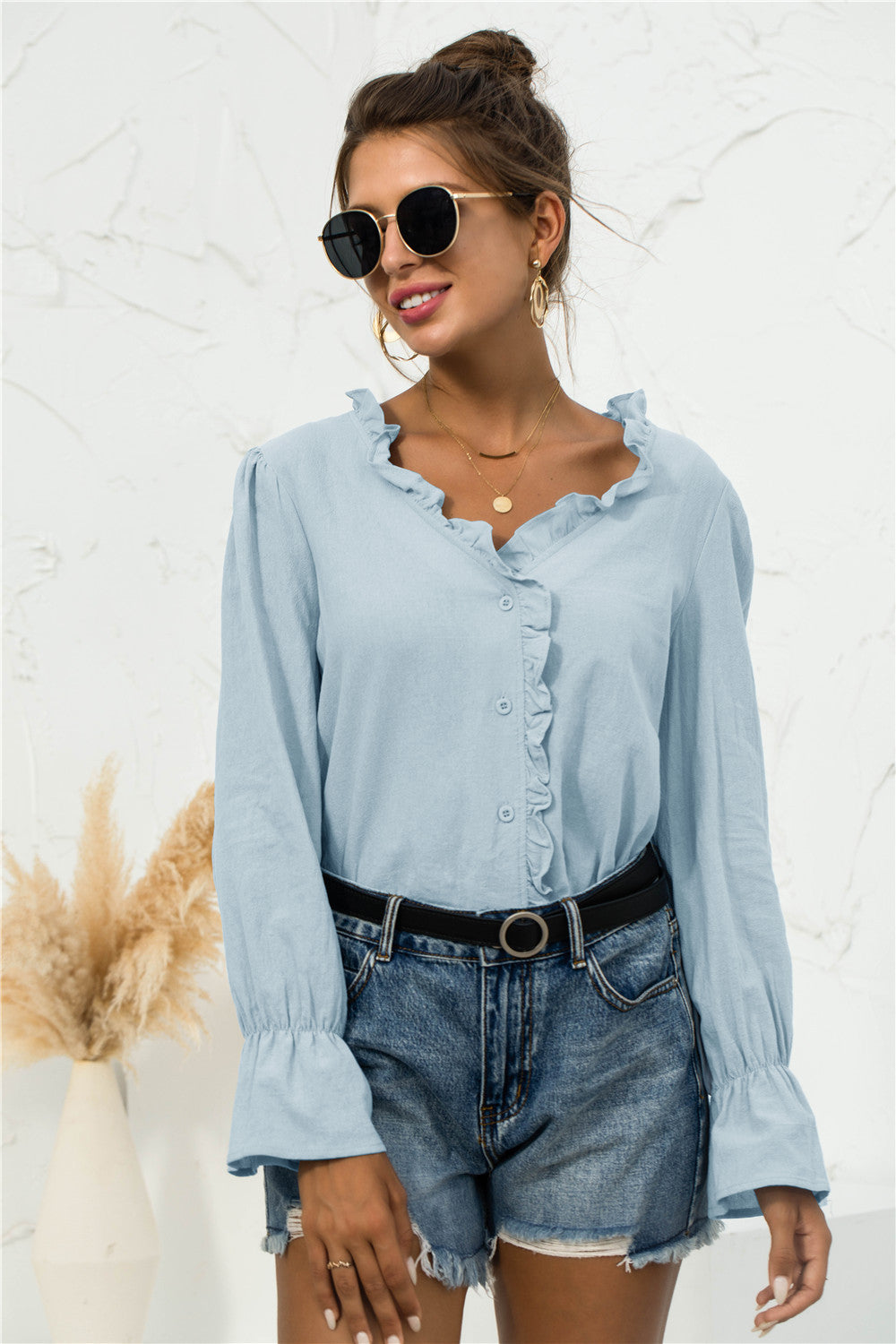 Frill Trim V-Neck Flounce Sleeve Shirt