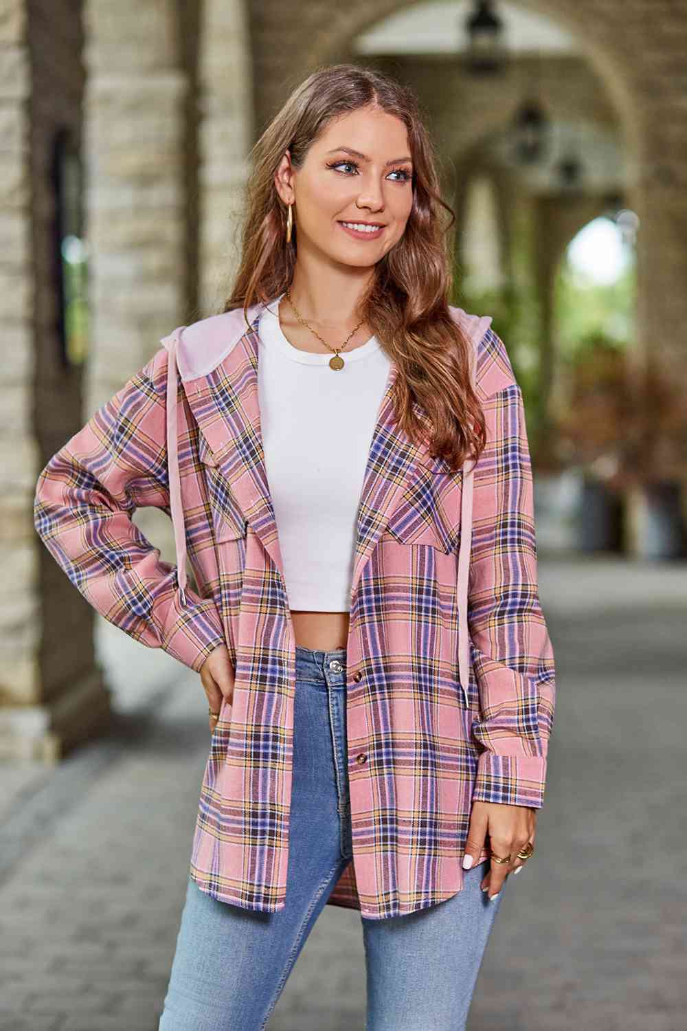 Plaid Long Sleeve Hooded Jacket