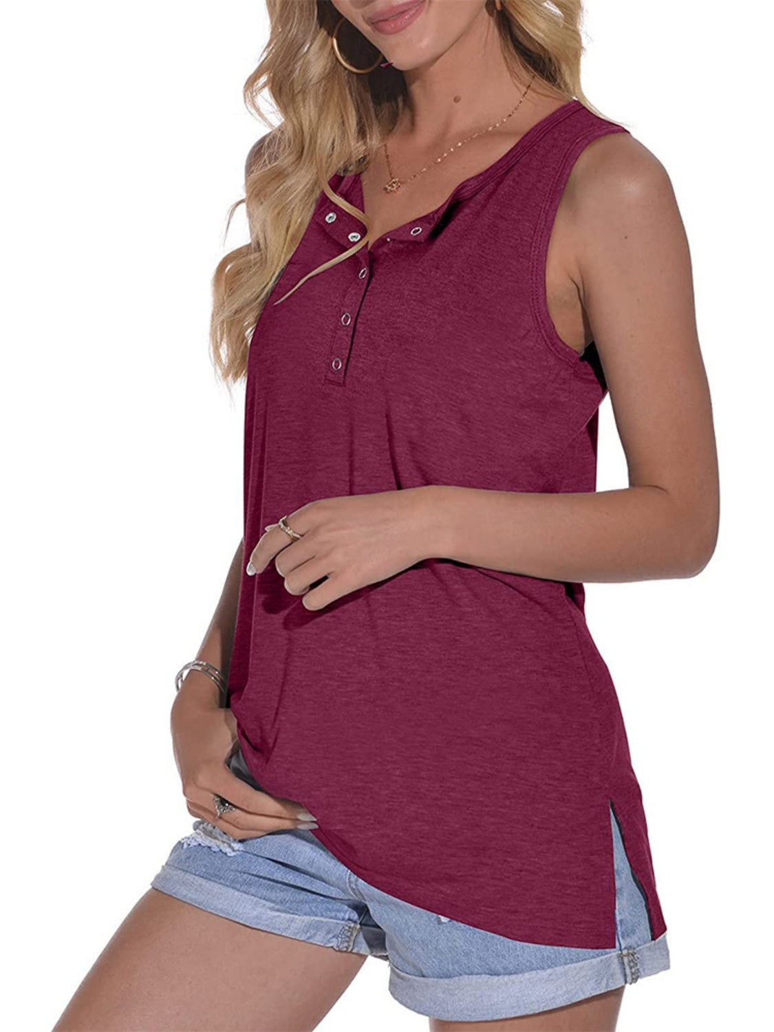 Full Size Quarter Snap V-Neck Wide Strap Tank