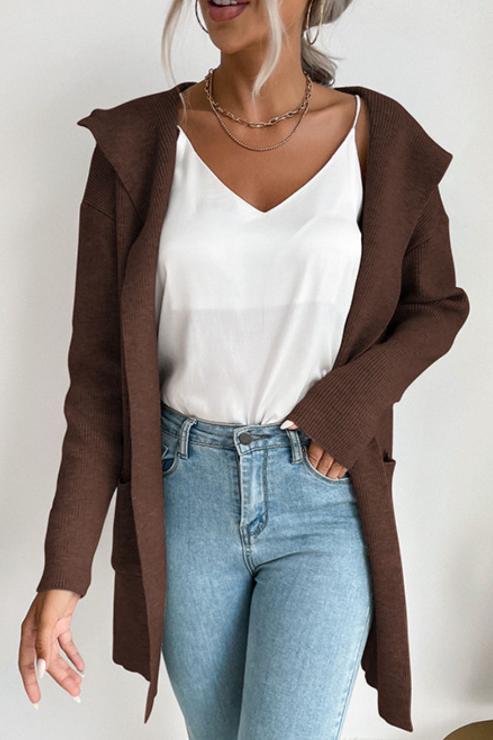 Ribbed Open Front Hooded Cardigan with Pockets