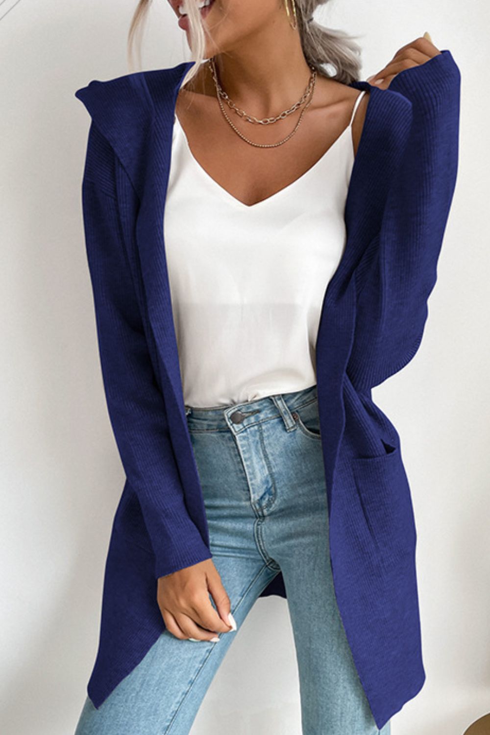 Ribbed Open Front Hooded Cardigan with Pockets