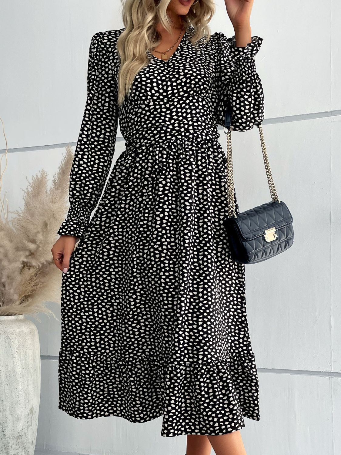 Printed Flounce Sleeve V-Neck Midi Dress