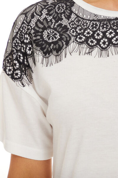 Lace Detail Round Neck Short Sleeve T-Shirt