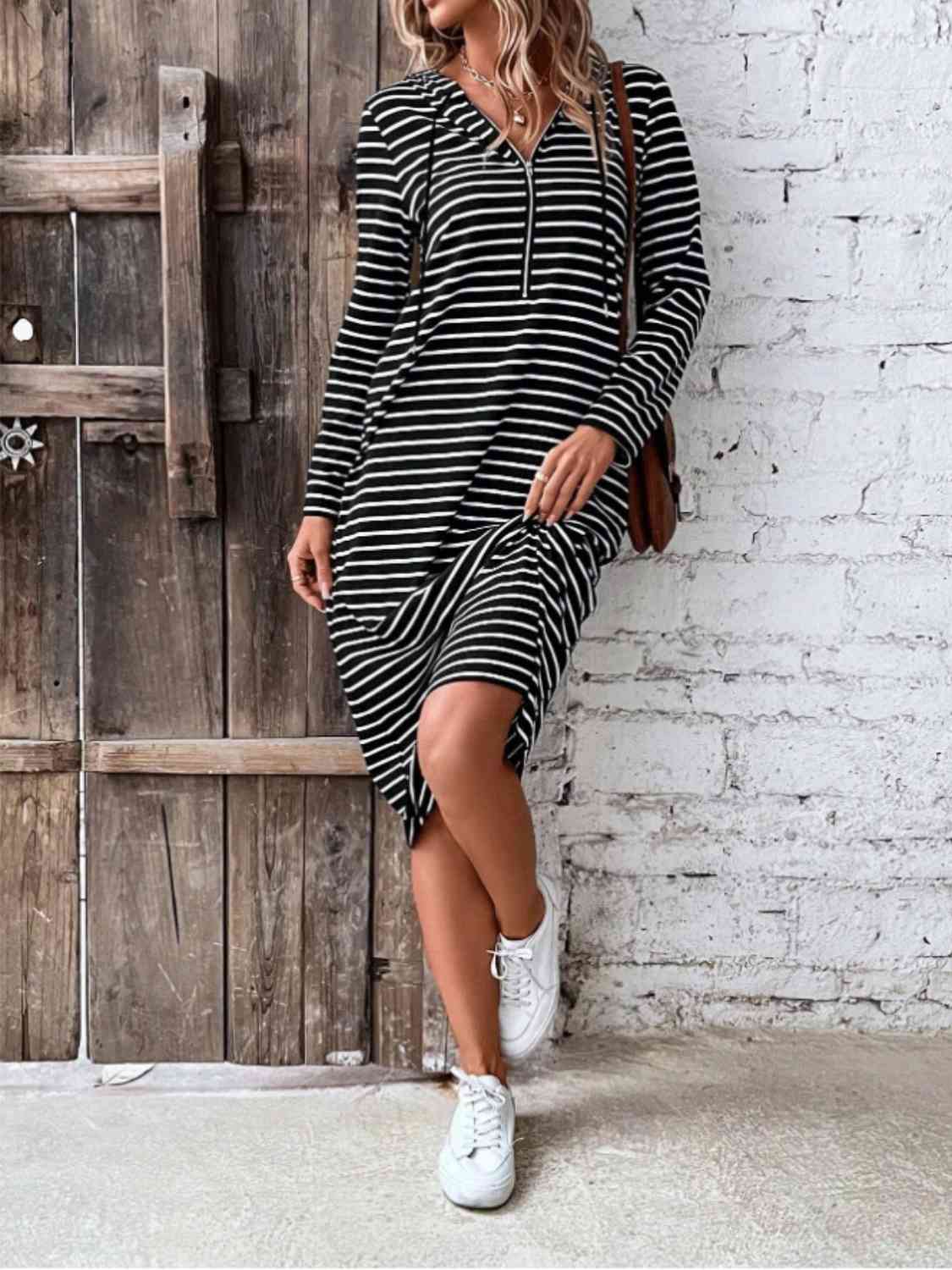 Striped Zip Front Hooded Dress