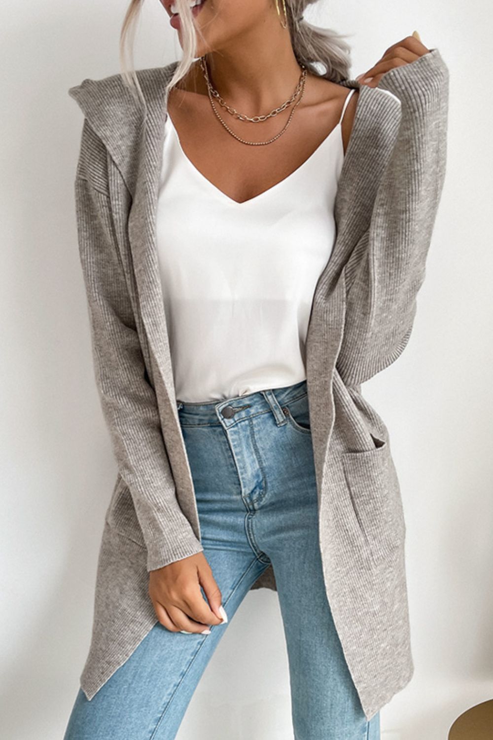 Ribbed Open Front Hooded Cardigan with Pockets