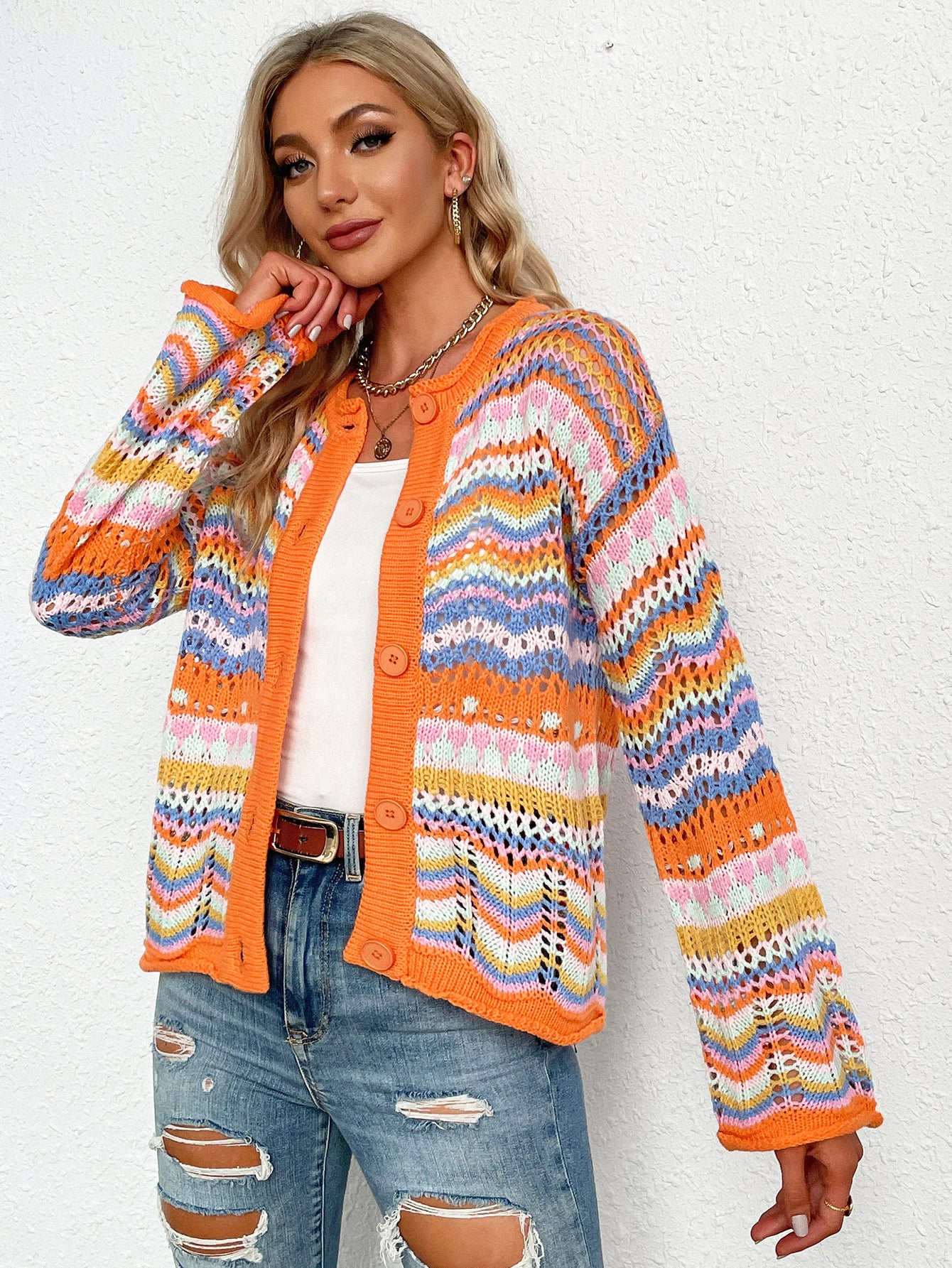 Chevron Stripes Openwork Cardigan