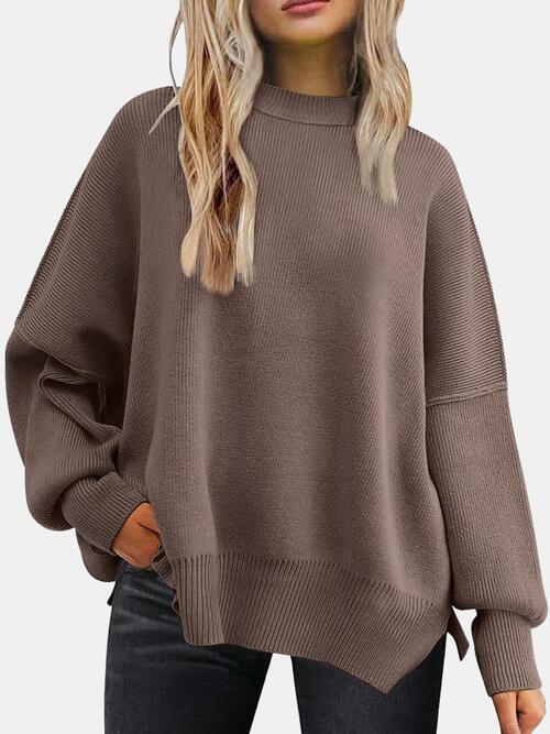 Round Neck Drop Shoulder Slit Sweater