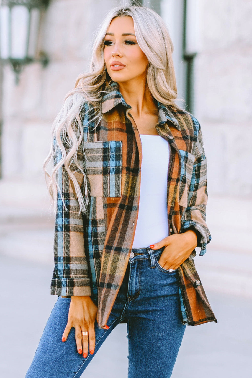 Plaid Curved Hem Shirt Jacket with Breast Pockets