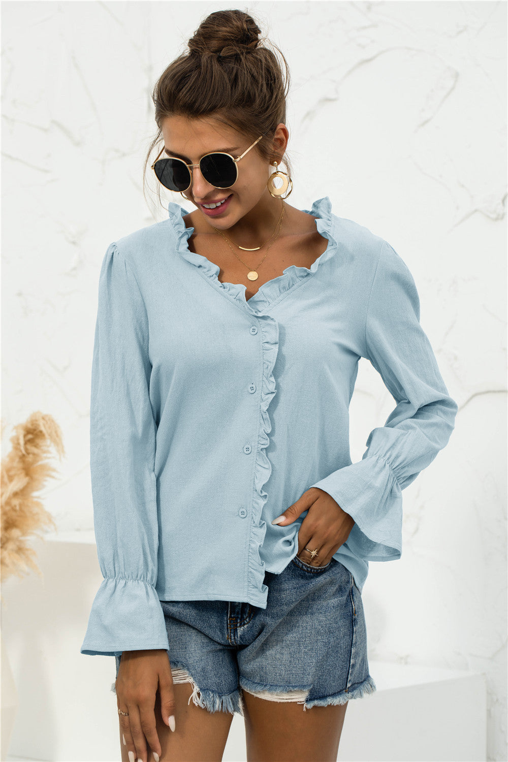 Frill Trim V-Neck Flounce Sleeve Shirt