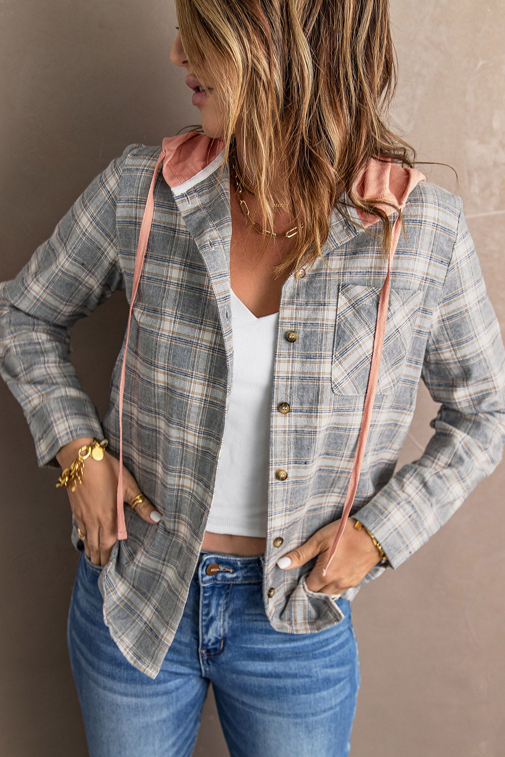 Plaid Drawstring Hooded Shirt Jacket