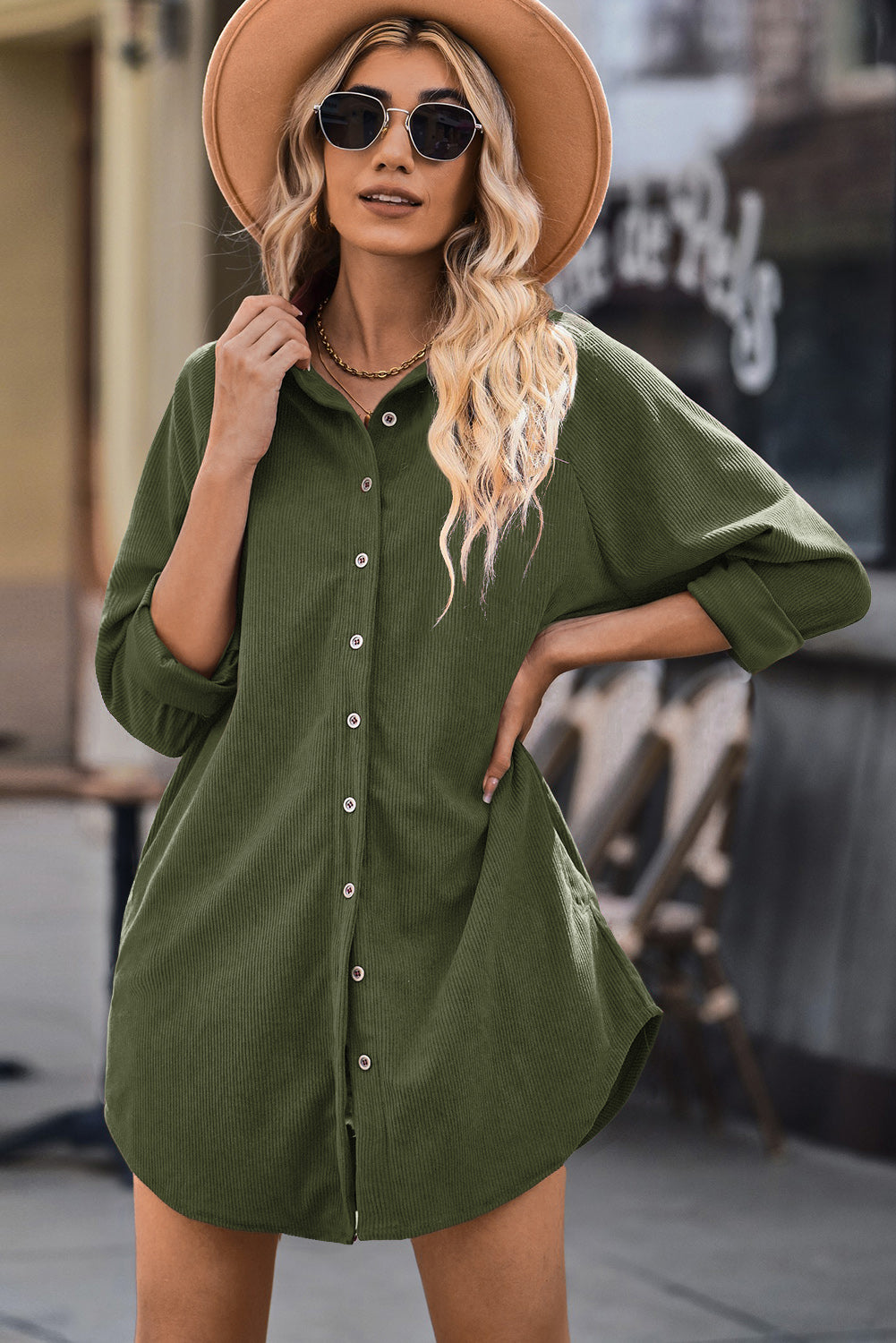 Button Front Curved Hem Raglan Sleeve Shirt Dress