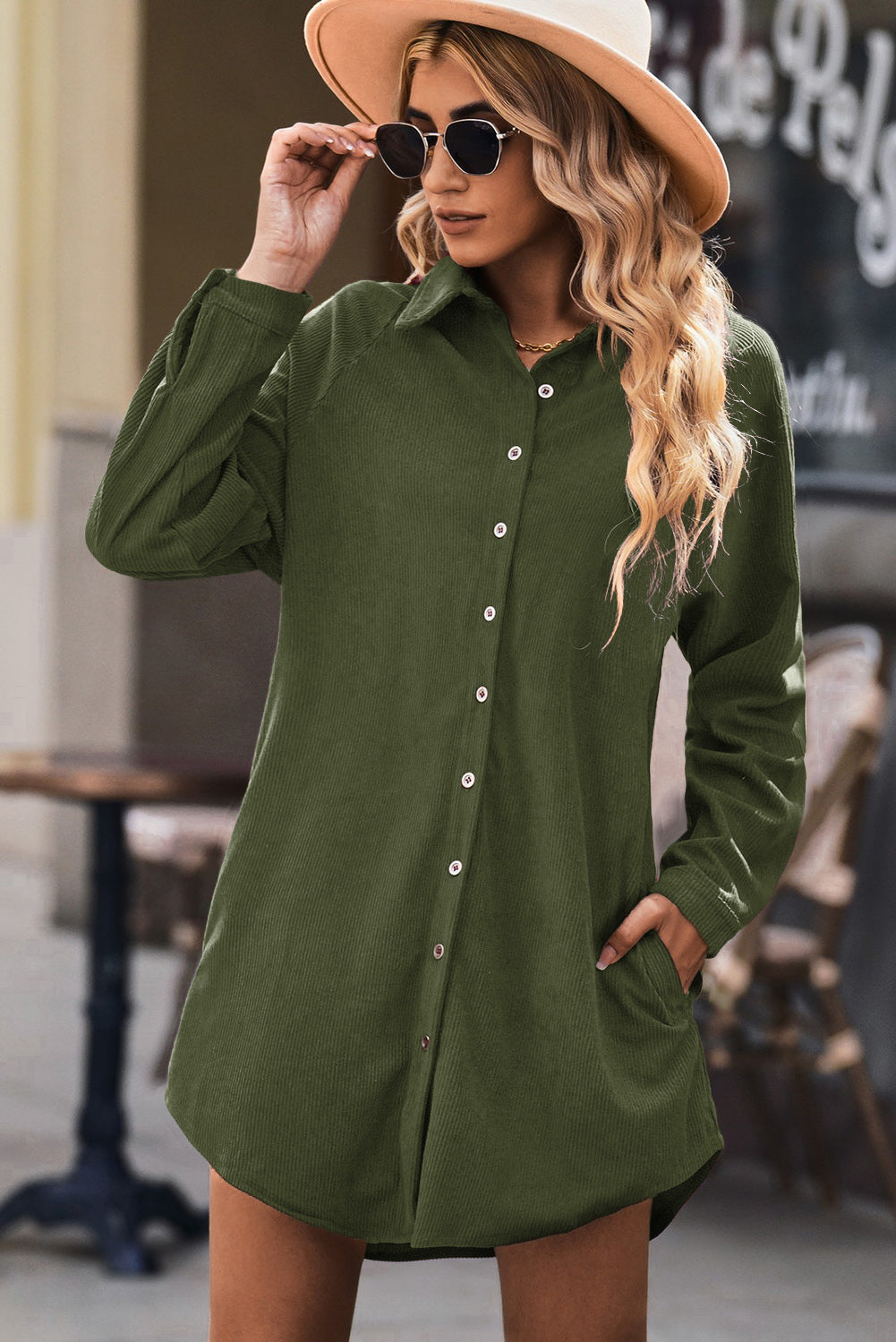 Button Front Curved Hem Raglan Sleeve Shirt Dress