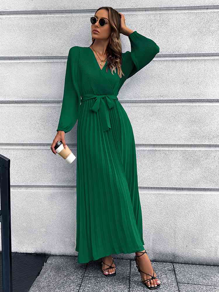 V-Neck Tie Waist Pleated Maxi Dress