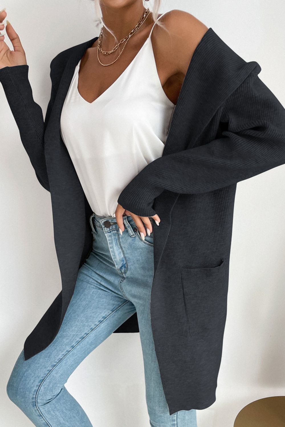 Ribbed Open Front Hooded Cardigan with Pockets