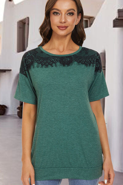 Lace Detail Round Neck Short Sleeve T-Shirt