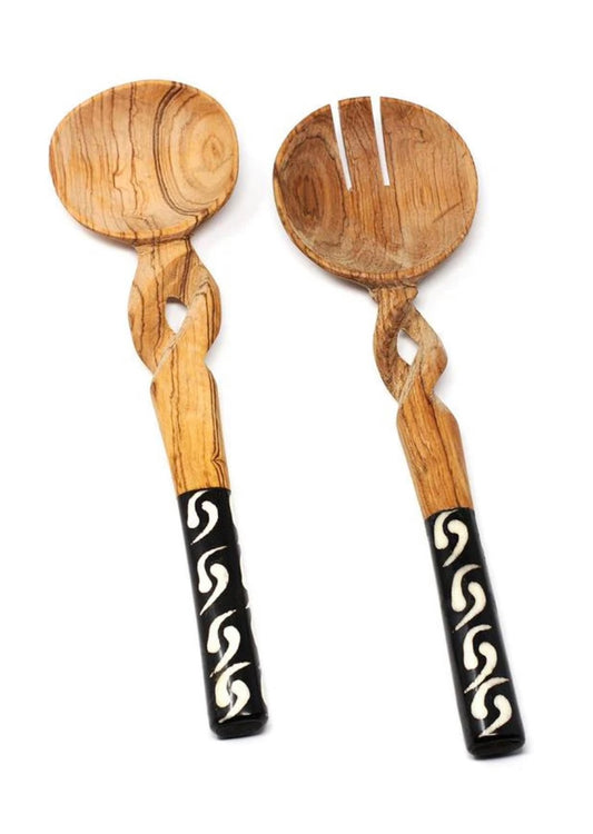 Olive Wood Serving Set - Braided Batik Handles