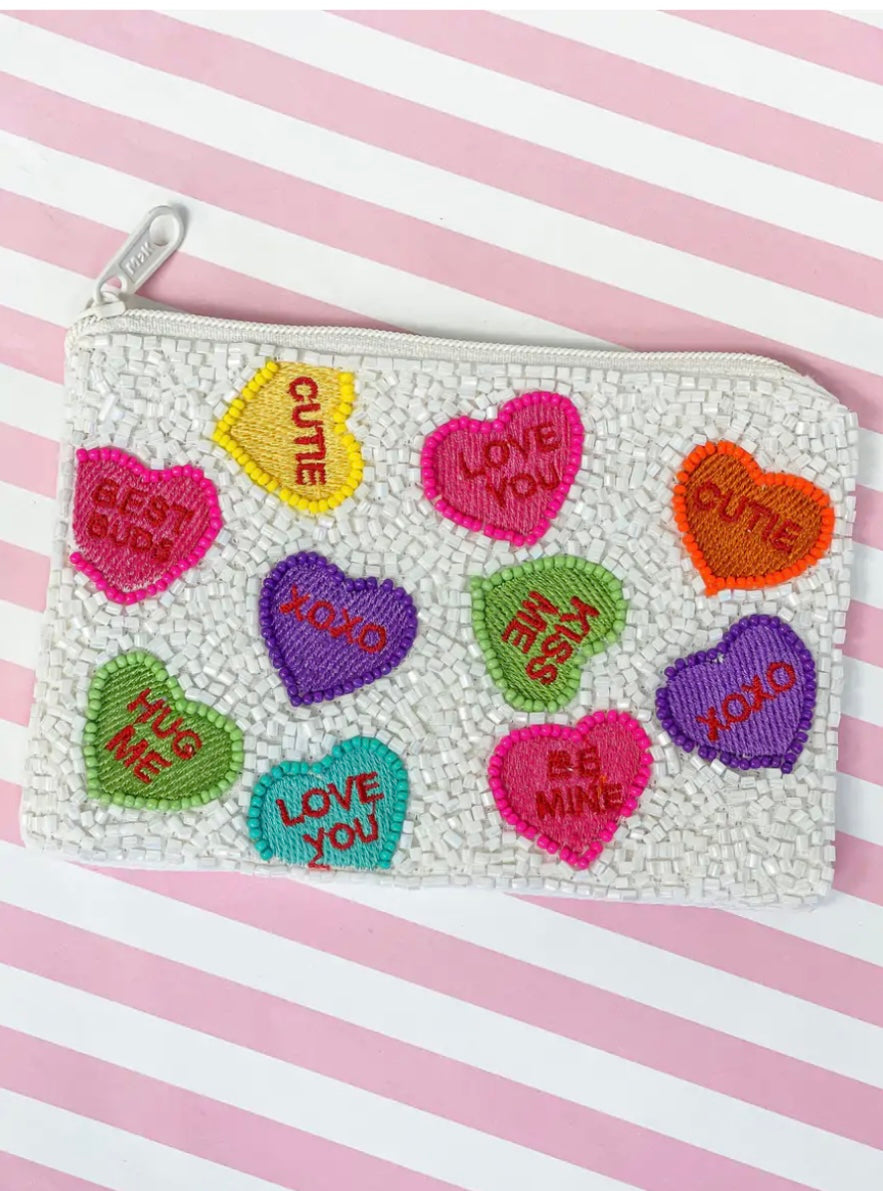 Conversation Hearts Beaded Zip Pouch - single pieces